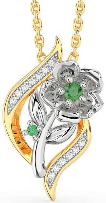 Diamond Emerald Gold Silver Flower Necklace