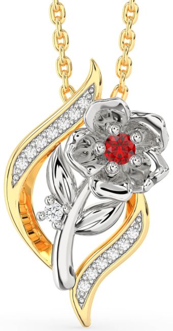 Diamond & Ruby Gold Silver Flower Necklace