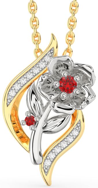 Diamond Ruby Gold Silver Flower Necklace