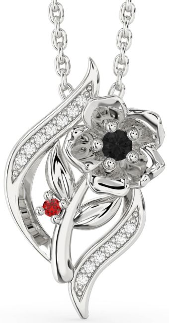 Black Diamond & Ruby Silver Flower Necklace