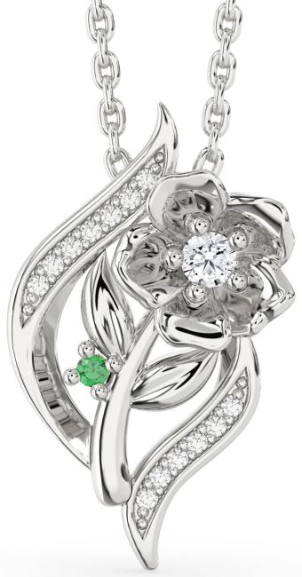 Emerald & Diamond Silver Flower Necklace