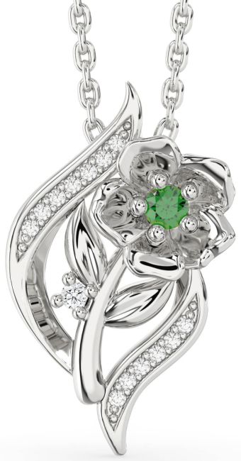 Diamond & Emerald Silver Flower Necklace