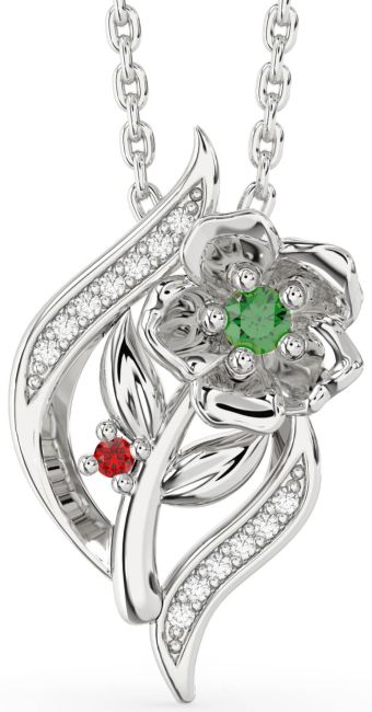 Diamond Emerald & Ruby Platinum Flower Necklace