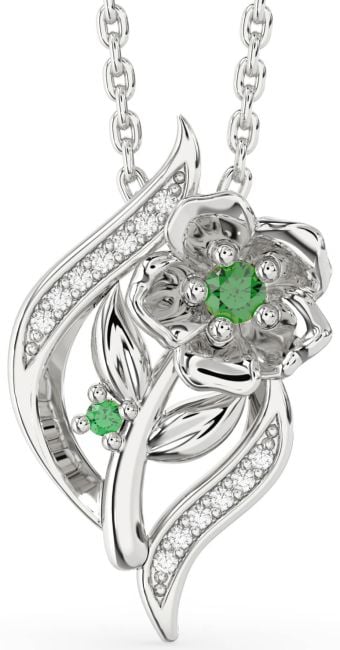 Diamond Emerald Silver Flower Necklace