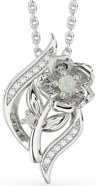 Diamond Opal Silver Flower Necklace