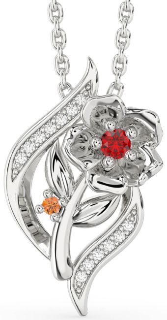 Diamond Ruby & Citrine Silver Flower Necklace