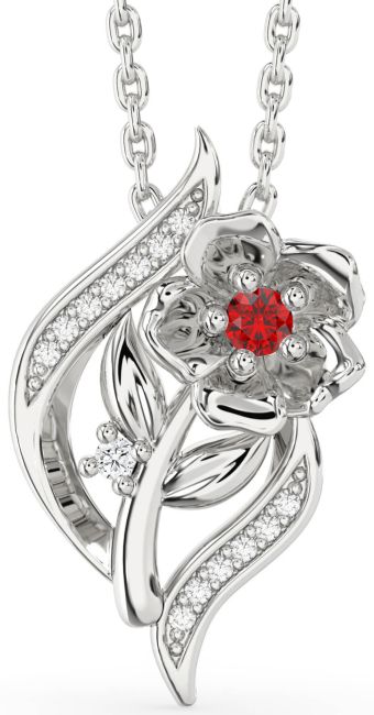 Diamond & Ruby Silver Flower Necklace