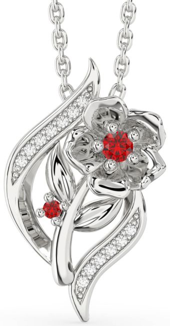 Diamond Ruby Silver Flower Necklace