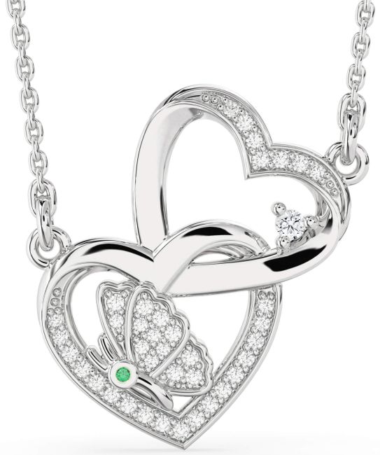 Diamond Emerald Silver Heart Butterfly Necklace