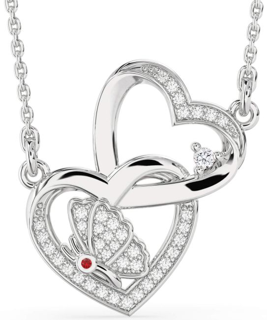 Diamond Ruby Silver Heart Butterfly Necklace