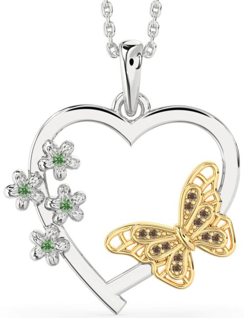 Large Green & Chocolate Brown Diamond White Yellow Gold Heart Flower Butterfly Necklace