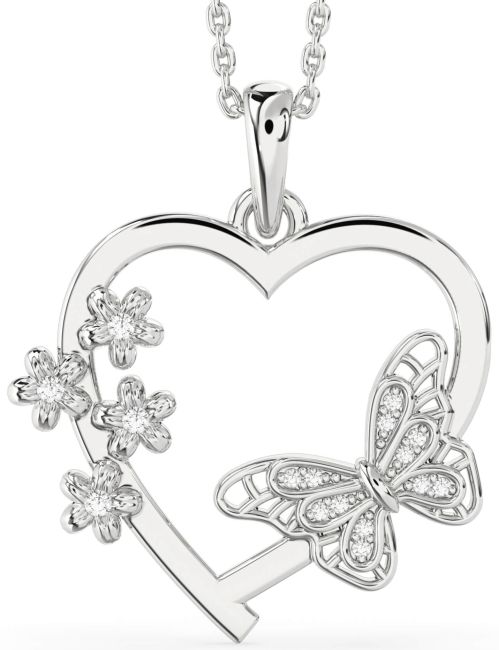 Large Diamond Silver Heart Flower Butterfly Necklace