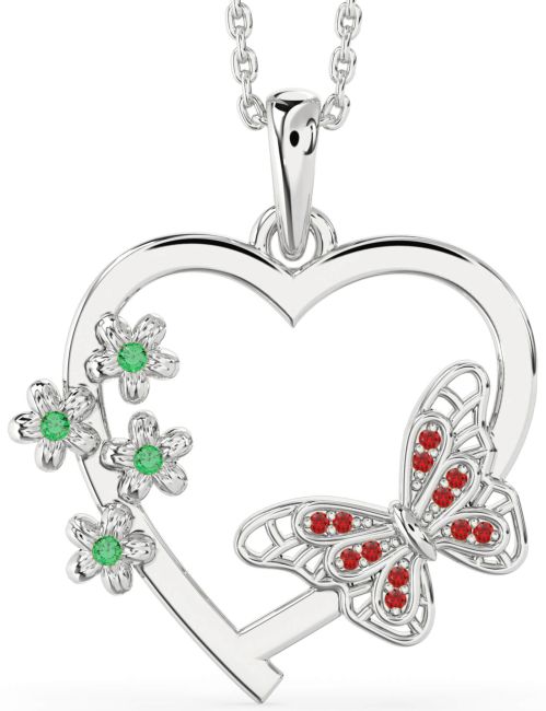 Large Emerald & Ruby Silver Heart Flower Butterfly Necklace