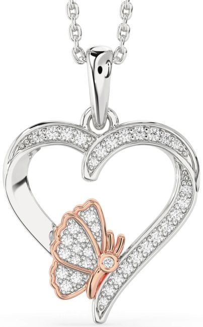 Diamond Silver & 10K Rose Gold Heart Butterfly Necklace