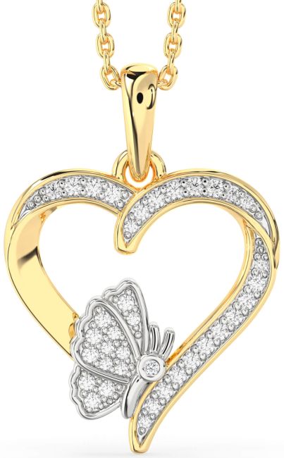 Diamond White Yellow Gold Heart Butterfly Necklace