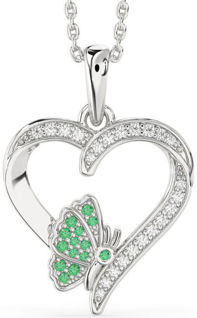 Diamond Emerald Silver Heart Butterfly Necklace
