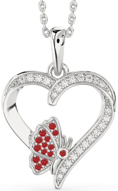 Diamond Ruby Silver Heart Butterfly Necklace