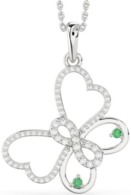 Large Diamond Emerald Silver Butterfly Infinity Necklace