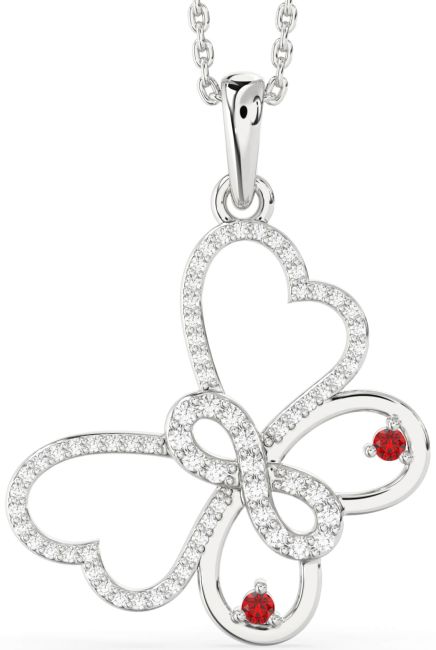 Large Diamond Ruby Silver Butterfly Infinity Necklace