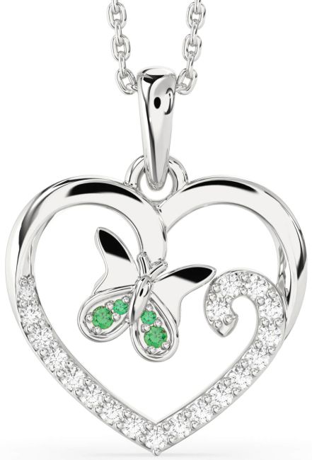 Diamond Emerald Silver Heart Butterfly Necklace