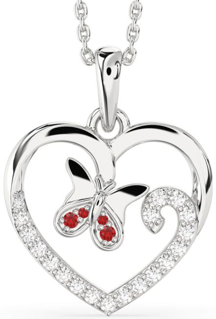 Diamond Ruby Silver Heart Butterfly Necklace