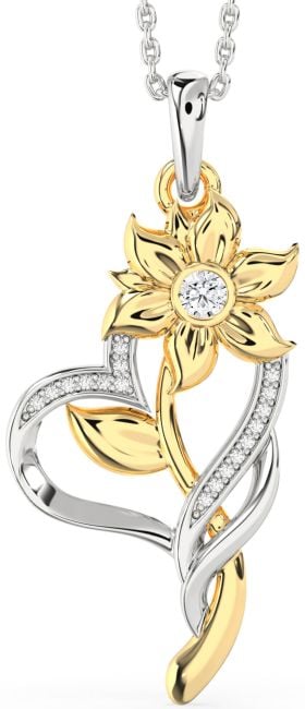 Large Diamond White Yellow Gold Heart Flower Necklace