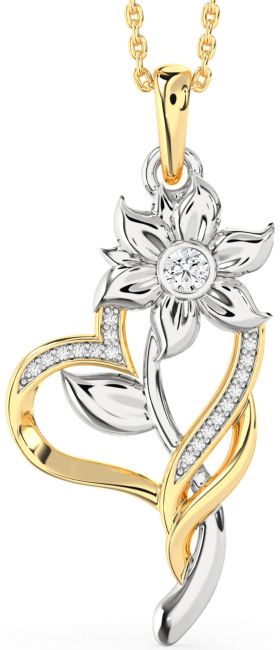 Large Diamond White Yellow Gold Heart Flower Necklace