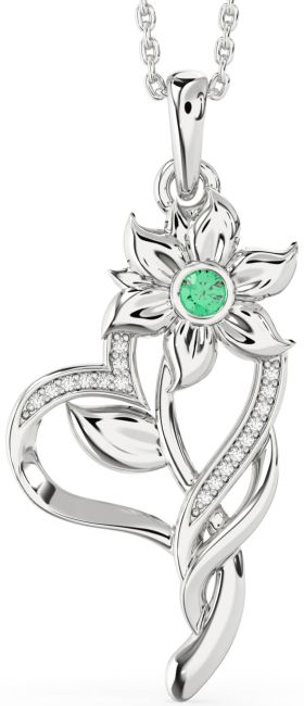 Large Diamond Emerald Silver Heart Flower Necklace