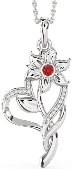 Large Diamond Ruby Silver Heart Flower Necklace