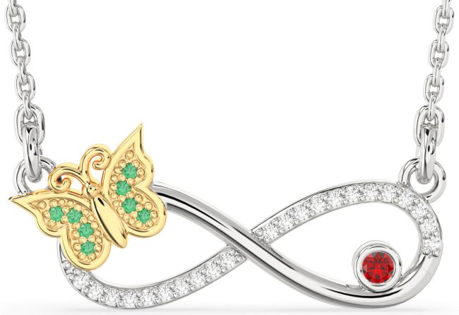 Large Diamond Emerald & Ruby Gold Silver Infinity Butterfly Necklace