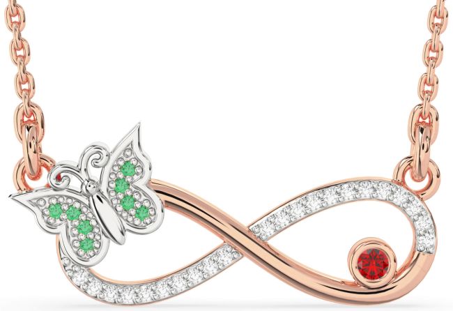 Large Diamond Emerald & Ruby Rose Gold Silver Infinity Butterfly Necklace
