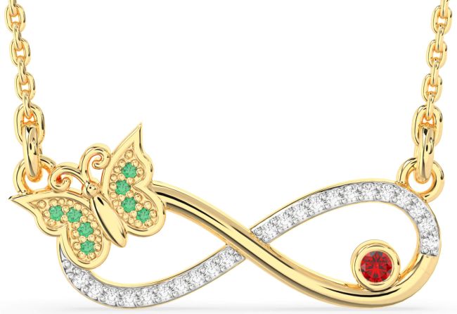Large Diamond Emerald & Ruby Gold Infinity Butterfly Necklace