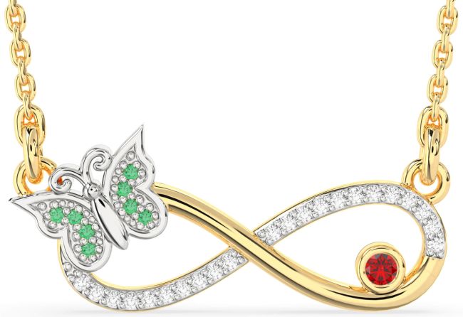 Large Diamond Emerald & Ruby Gold Silver Infinity Butterfly Necklace