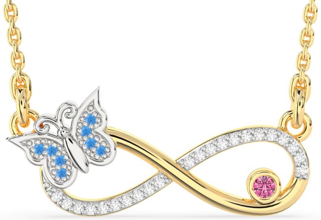 Large Diamond Swiss Blue Topaz & Pink Sapphire White Yellow Gold Infinity Butterfly Necklace