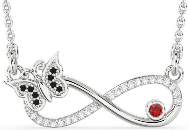 Large Black Diamond & Ruby Silver Infinity Butterfly Necklace