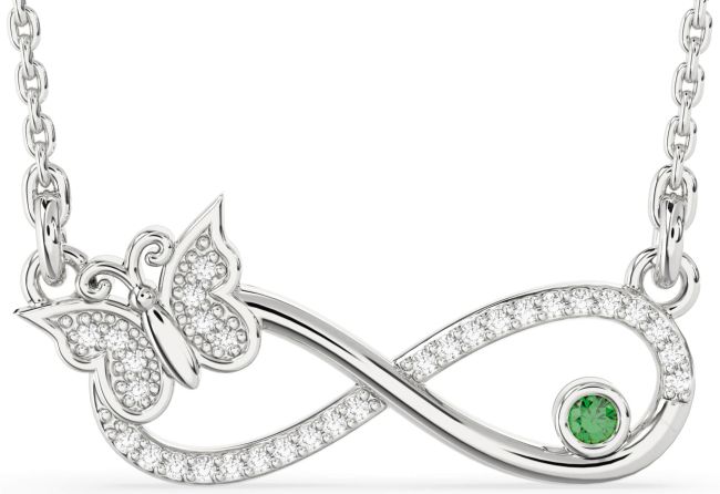 Large Emerald & Diamond Silver Infinity Butterfly Necklace