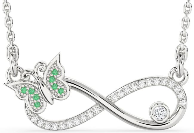 Large Diamond & Emerald Silver Infinity Butterfly Necklace