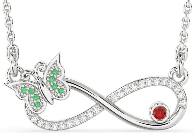 Large Diamond Emerald & Ruby Silver Infinity Butterfly Necklace