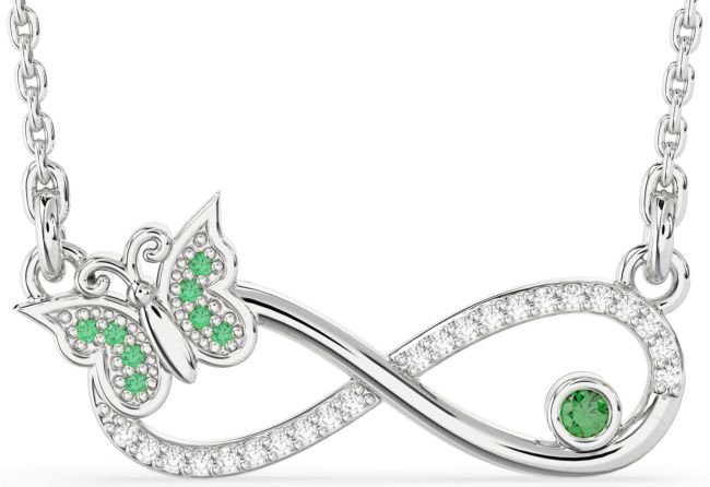 Large Diamond Emerald Silver Infinity Butterfly Necklace
