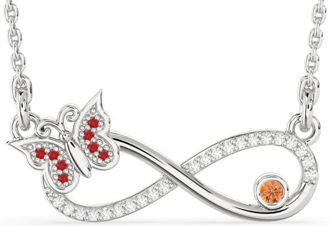 Large Diamond Ruby & Citrine Silver Infinity Butterfly Necklace