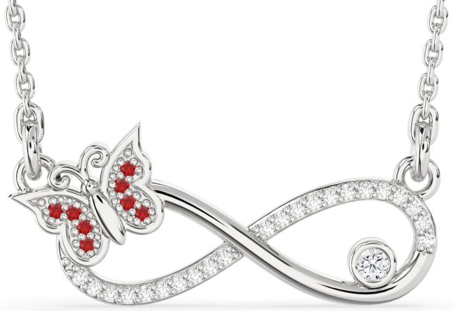Large Diamond & Ruby Silver Infinity Butterfly Necklace