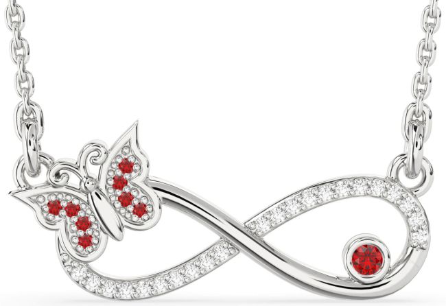 Large Diamond Ruby Silver Infinity Butterfly Necklace