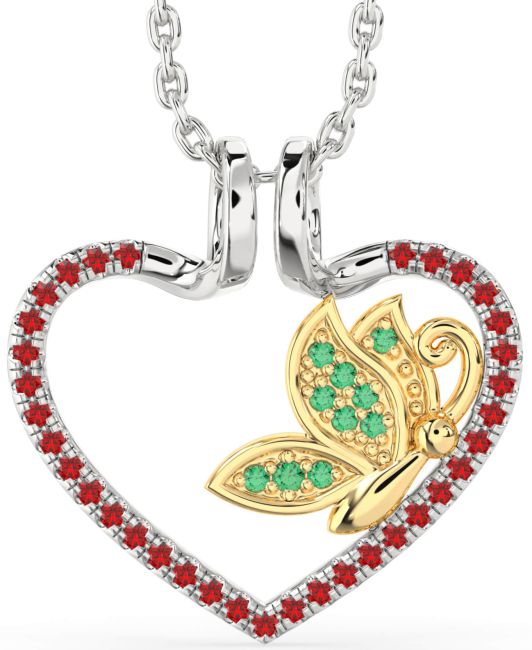 Emerald & Ruby Gold Silver Heart Butterfly Necklace