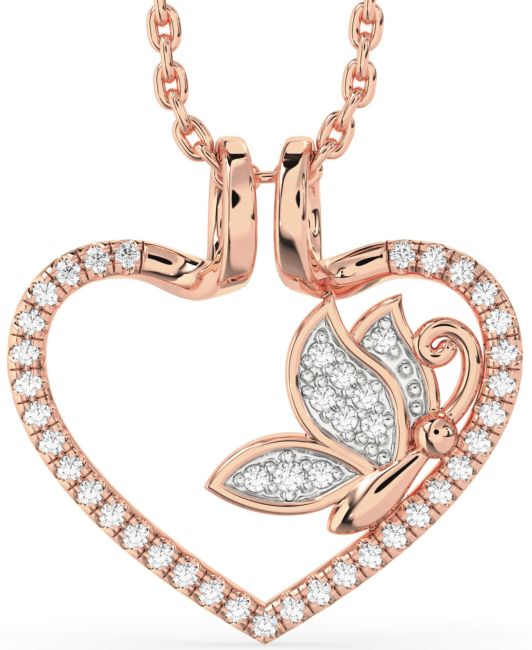 Diamond Rose Gold Silver Heart Butterfly Necklace