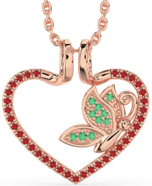 Emerald & Ruby Rose Gold Heart Butterfly Necklace