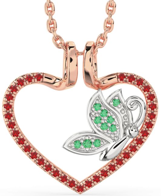 Emerald & Ruby Rose Gold Silver Heart Butterfly Necklace