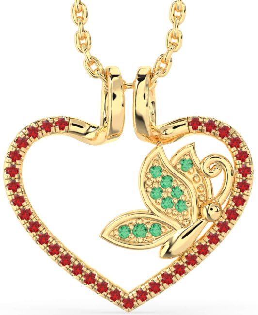 Emerald & Ruby Gold Heart Butterfly Necklace