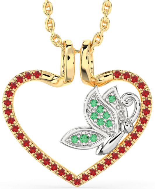 Emerald & Ruby Gold Silver Heart Butterfly Necklace
