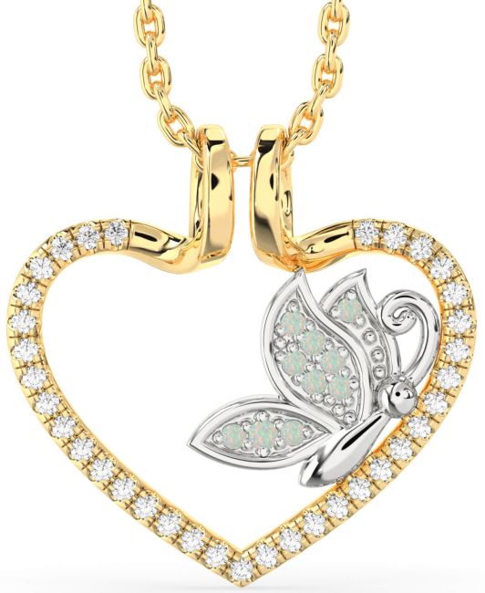 Diamond & Opal White Yellow Gold Heart Butterfly Necklace