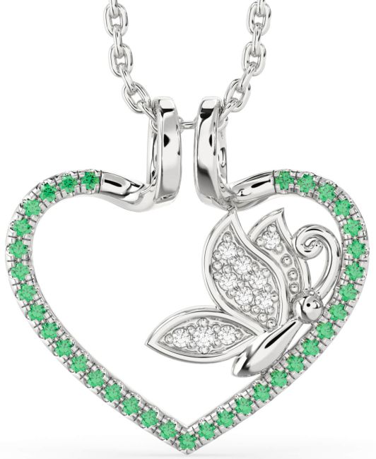 Emerald & Diamond Silver Heart Butterfly Necklace